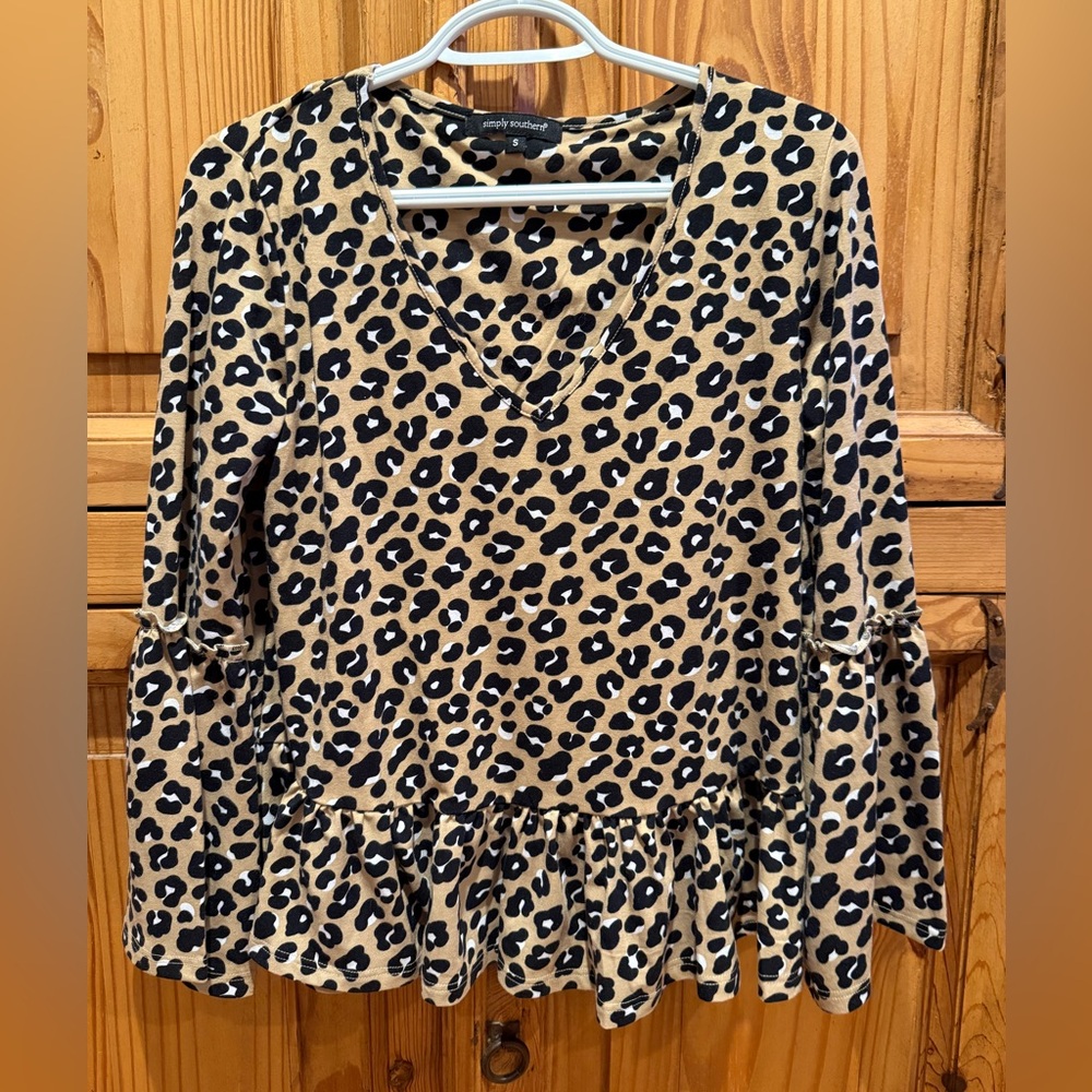 Leopard print bell sleeve, flutter blouse